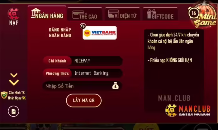 Hướng dẫn nạp tiền nhanh chóng tại Manclub